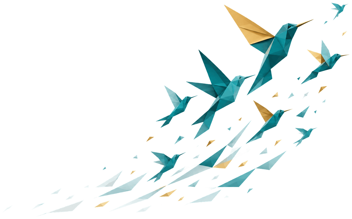 Bandada de colibríes origami en tonos teal y dorado, representando crecimiento profesional